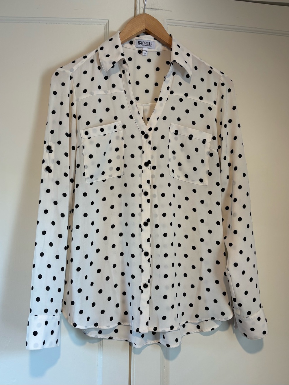 Express Women’s White Polka Dot Button-Down Blouse